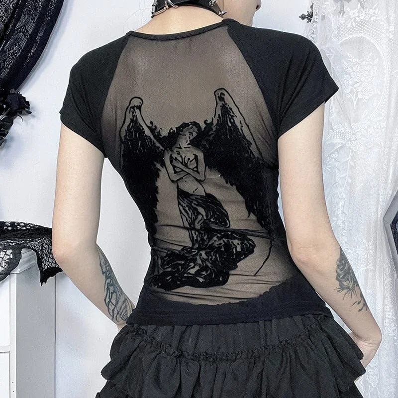 Women's Punk Angel Flocking Mesh Splice T-shirt