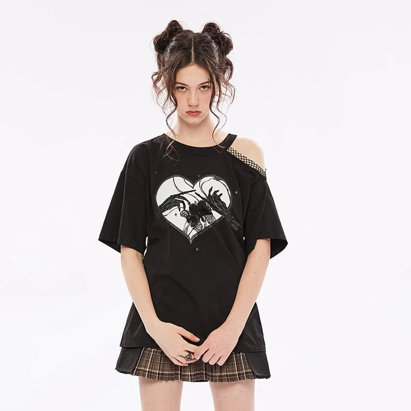 Women's Punk Skull Printed Slash Shoulder Casual Tee