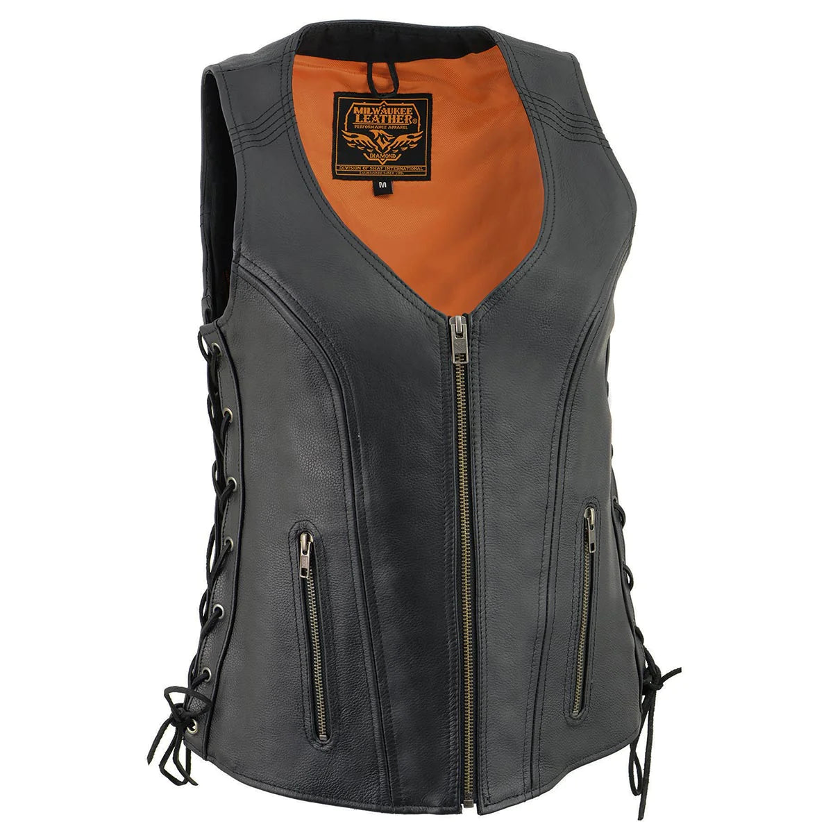 Women's Black 'Open Neck’ Motorcycle Leather Vest with Side Laces scoop neck tank