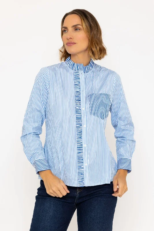 Cotton Ruffle Placket Shirt in Blue