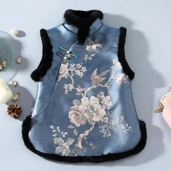 Floral Brocade Fur Edge Cheongsam Top Chinese Wadded Waistcoat Vest flexible tank top