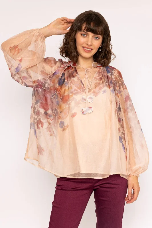 Delicate Floral Print Blouse with Neckline Flower Detailing