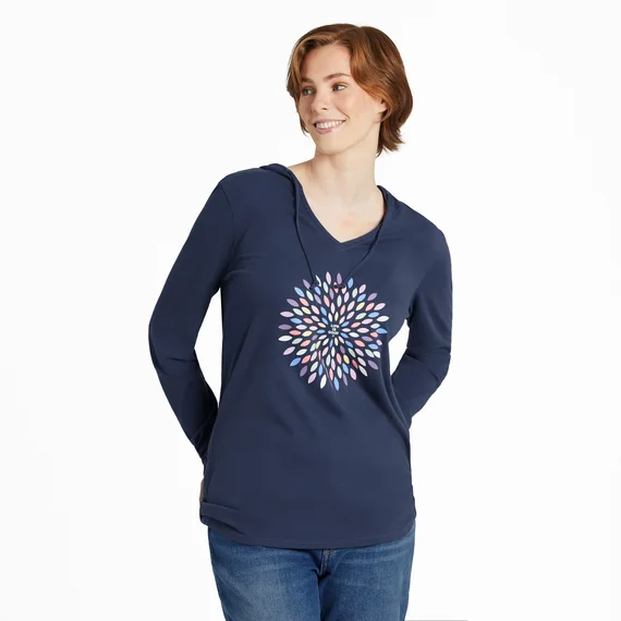 Women's Pretty Flower Burst Long-Sleeve Crusher-LITE Hooded Tee - Darkest Blue