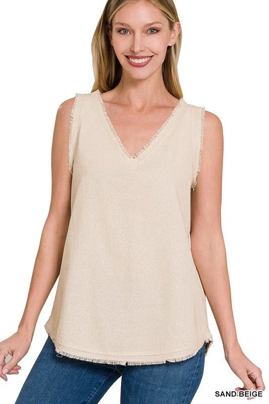 Linen Pre-Washed Frayed Edge V-Neck Sleeveless Top crossback tank top