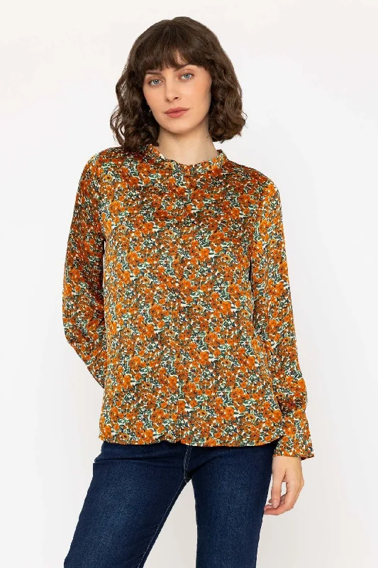 Long Sleeve Orange & Green Floral Mandarin Collar Blouse