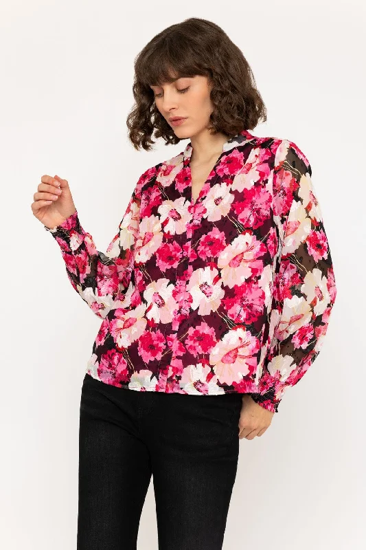 Long Sleeve Pink Floral V-Neck Button Blouse