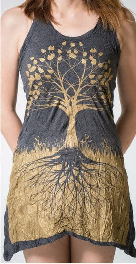 Sure Design Women's Tree Of Life Tank Dress Gold on Black tie dye tank