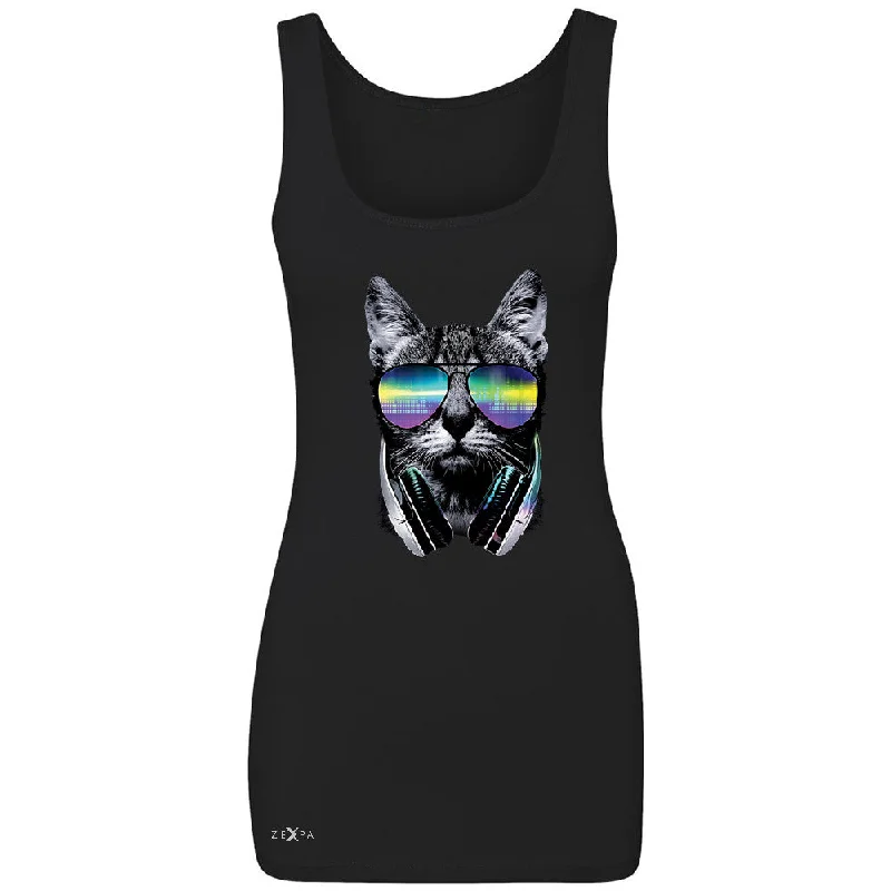 Zexpa Apparelâ„¢ DJ Cat With Sun Glasses and Headphones Women's Tank Top Graphic Sleeveless solid color tank