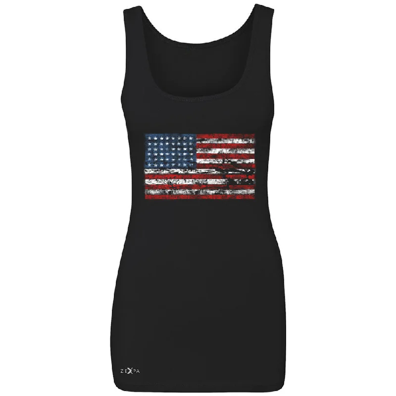 Zexpa Apparelâ„¢ Distressed Atilt American Flag USAÂ  Women's Tank Top Patriotic Sleeveless lace tank top