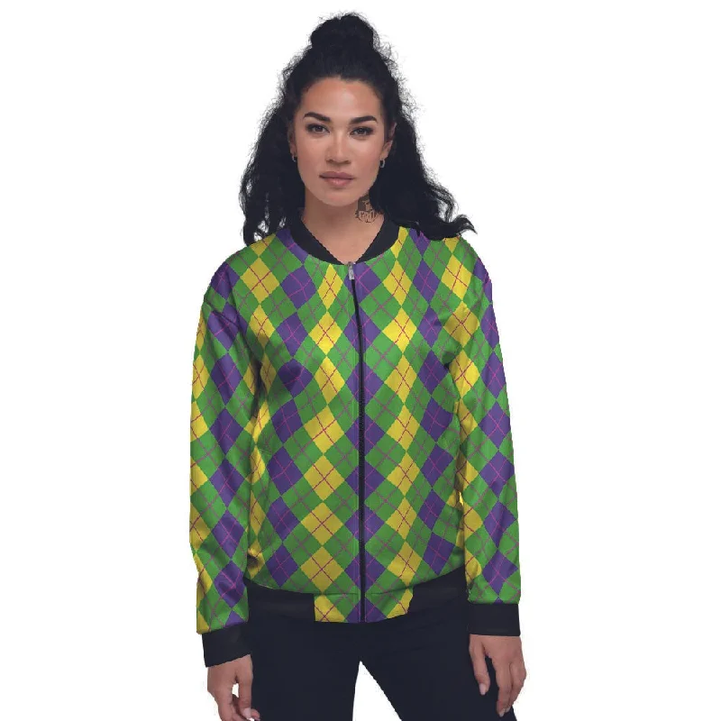 Argyle Mardi Gras Print Pattern Women's Bomber Jacket