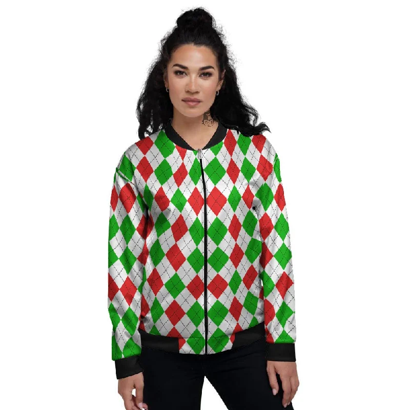 Argyle Merry Christmas Print Pattern Women's Bomber Jacket