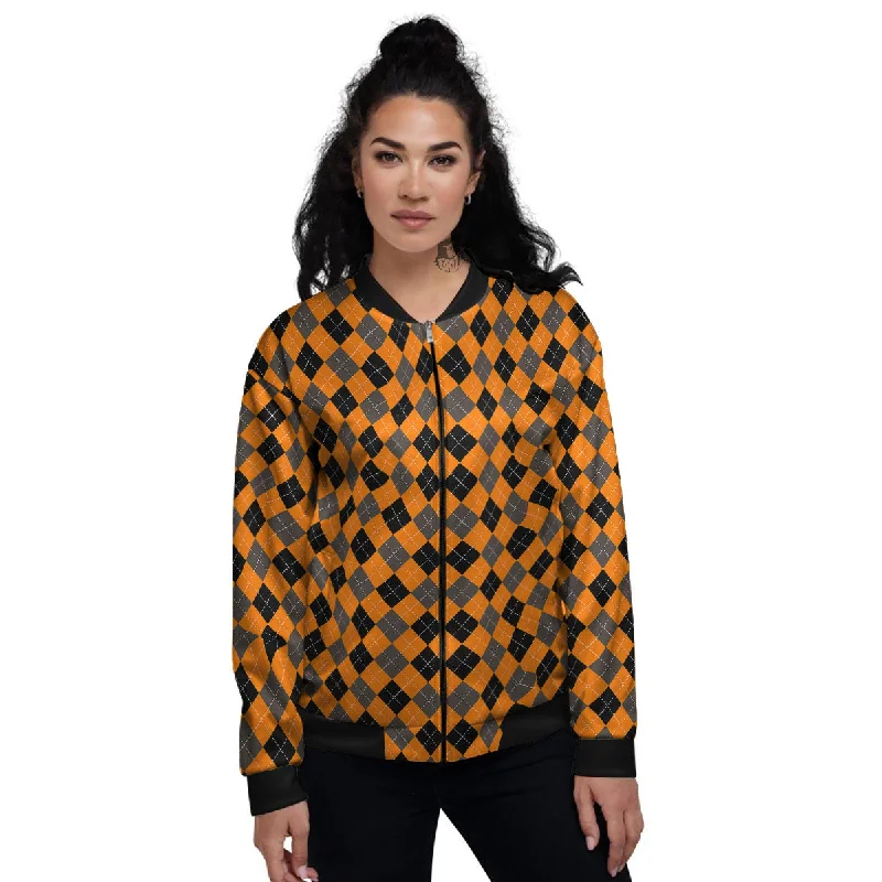 Argyle Orange And Black Print Pattern Women's Bomber Jacket