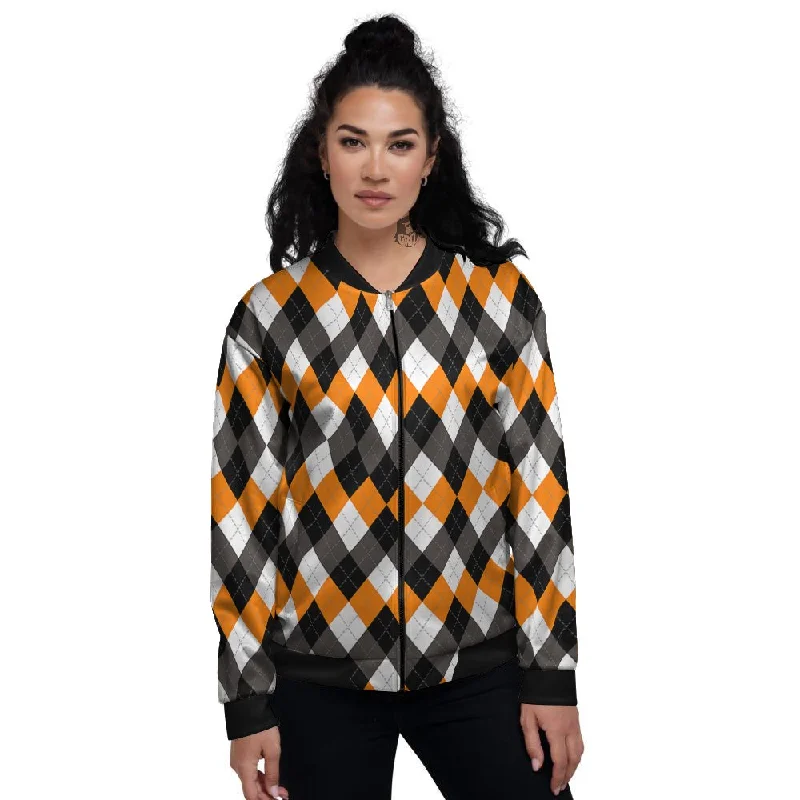 Argyle Orange Black And White Print Pattern Women's Bomber Jacket