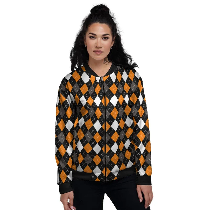 Argyle Orange Black Grey And White Print Women's Bomber Jacket