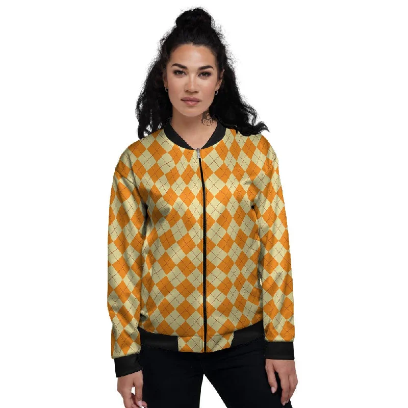 Argyle Orange Print Pattern Women's Bomber Jacket