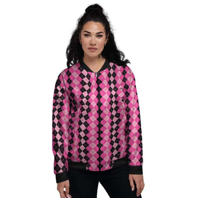 Argyle Pink And Black Print Pattern Women's Bomber Jacket