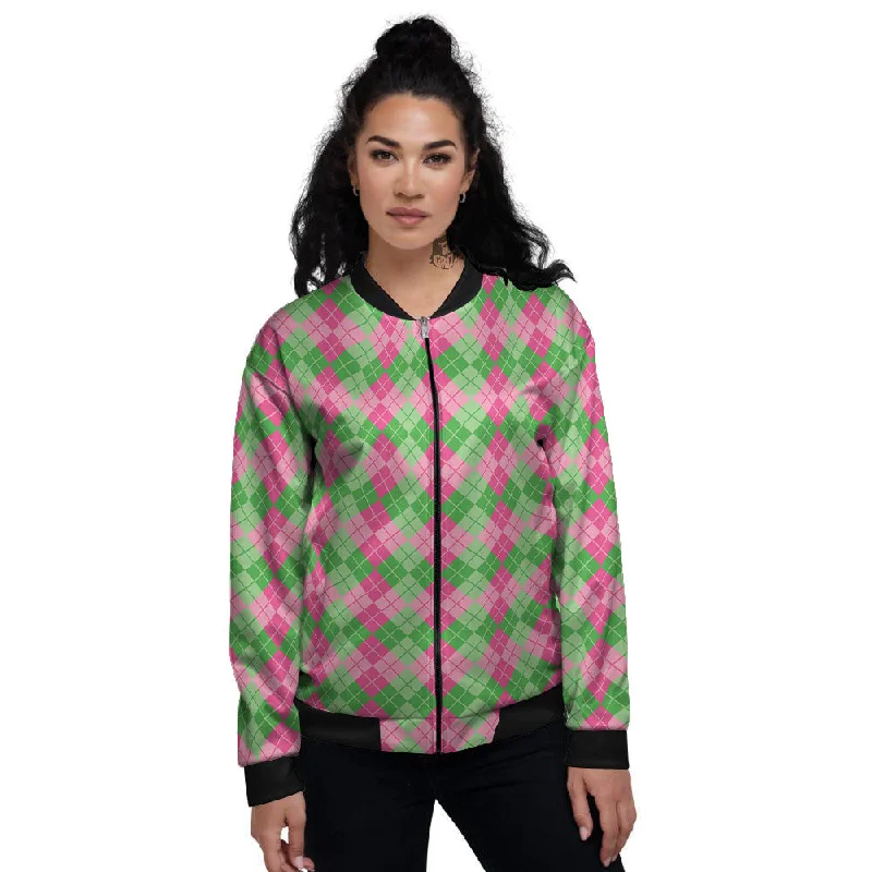 Argyle Pink And Green Print Pattern Women's Bomber Jacket