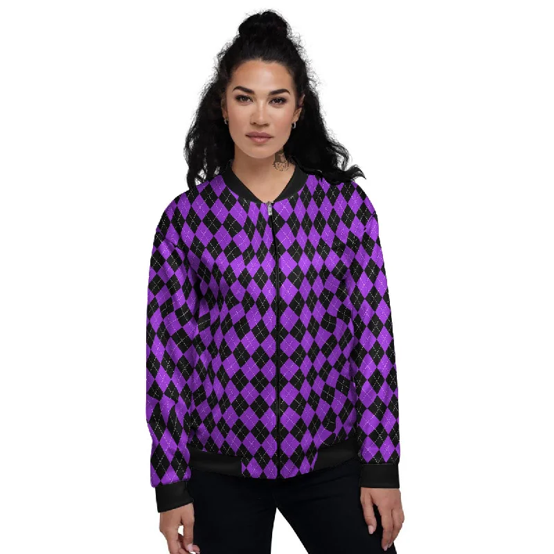 Argyle Purple And Black Print Pattern Women's Bomber Jacket