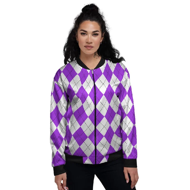 Argyle Purple And White Print Pattern Women's Bomber Jacket