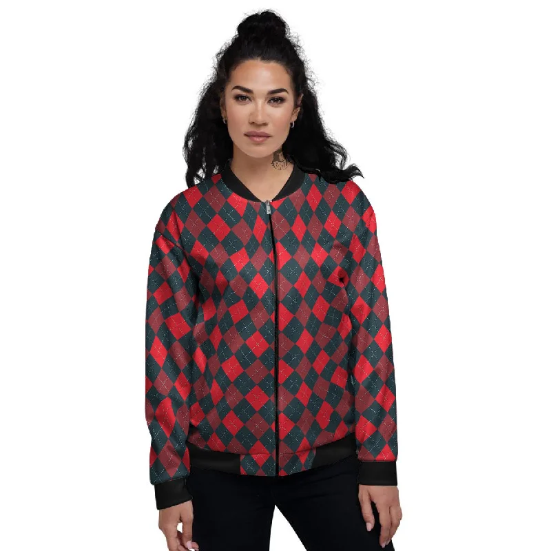 Argyle Red And Black Print Pattern Women's Bomber Jacket