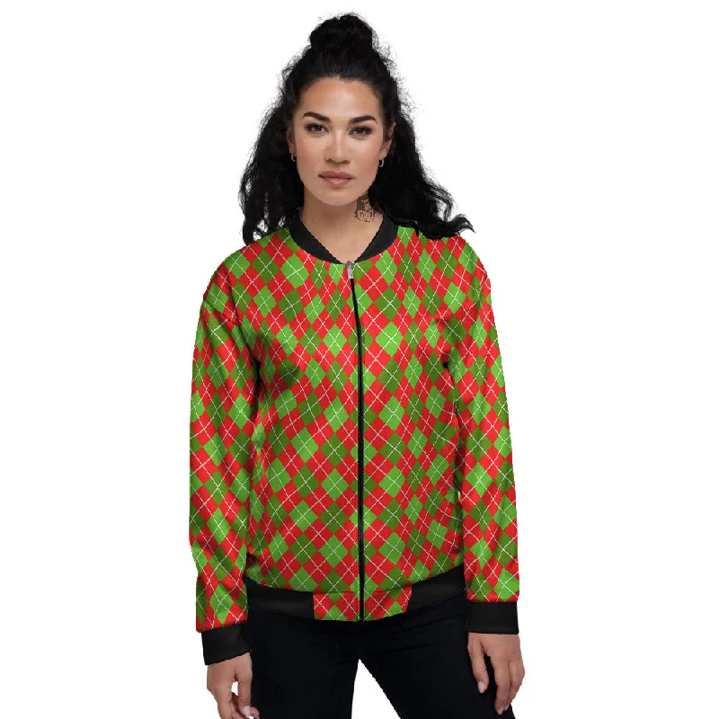 Argyle Red And Green Print Pattern Women's Bomber Jacket