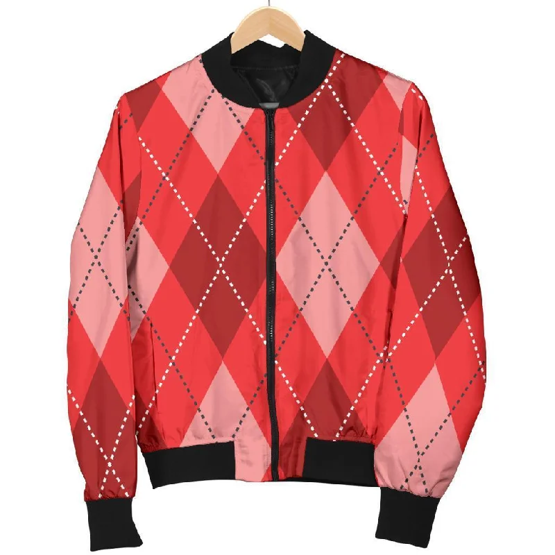 Argyle Red Pattern Print Women Casual Bomber Jacket