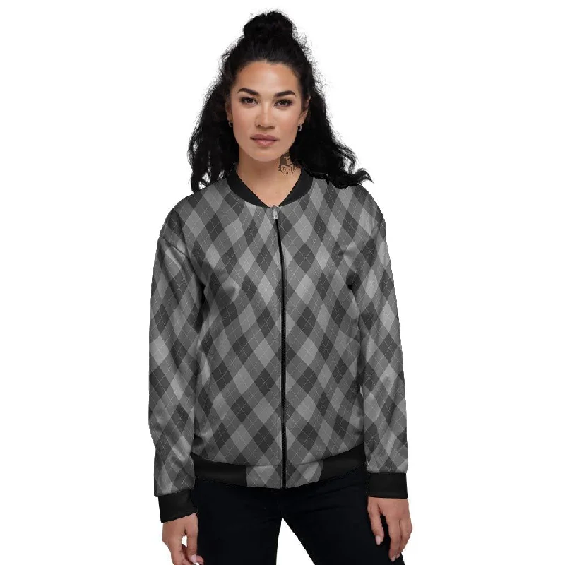 Argyle Shadow Grey Print Pattern Women's Bomber Jacket