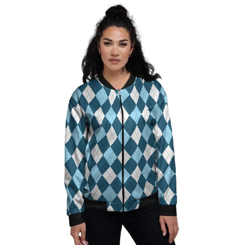 Argyle Soft Blue Print Pattern Women's Bomber Jacket