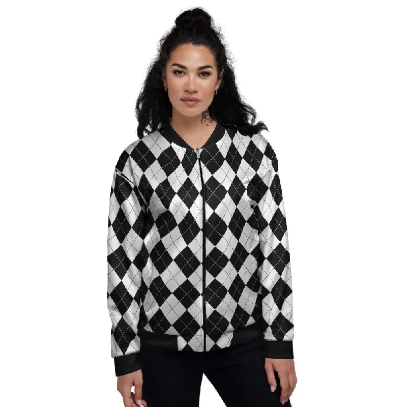 Argyle White And Black Print Pattern Women's Bomber Jacket