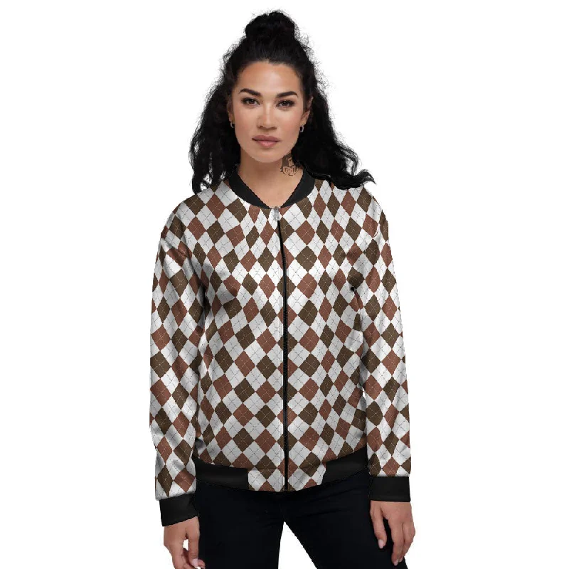 Argyle White And Brown Print Pattern Women's Bomber Jacket