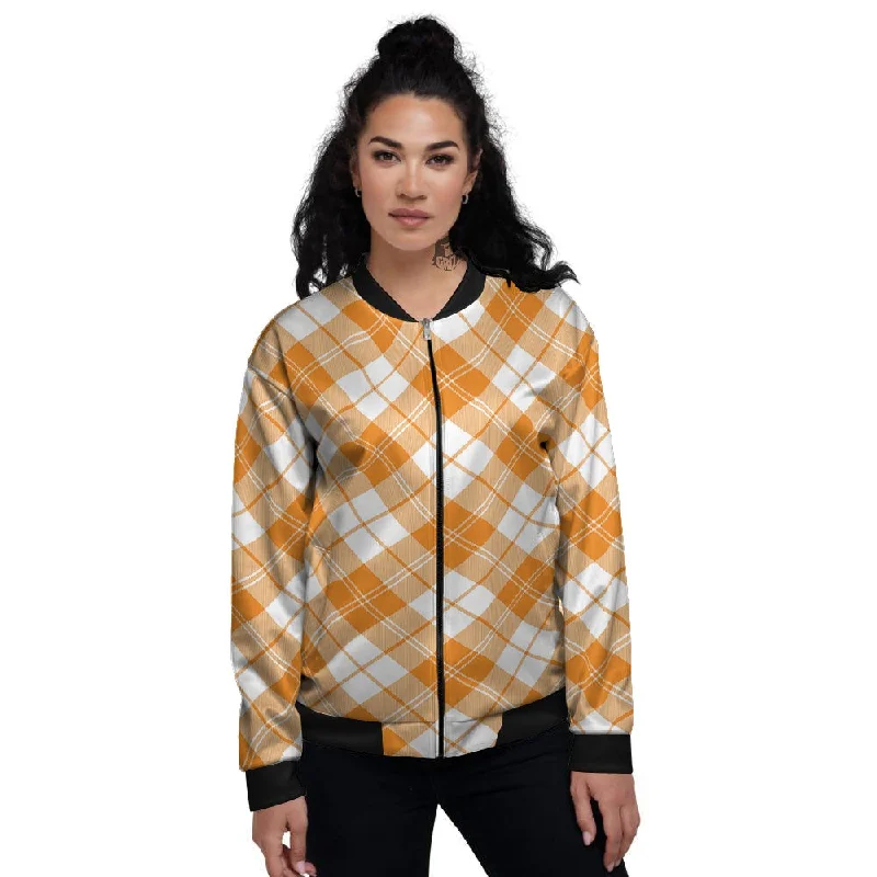 Argyle White And Orange Print Pattern Women's Bomber Jacket