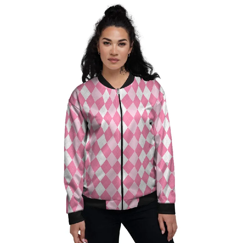 Argyle White And Pink Print Pattern Women's Bomber Jacket