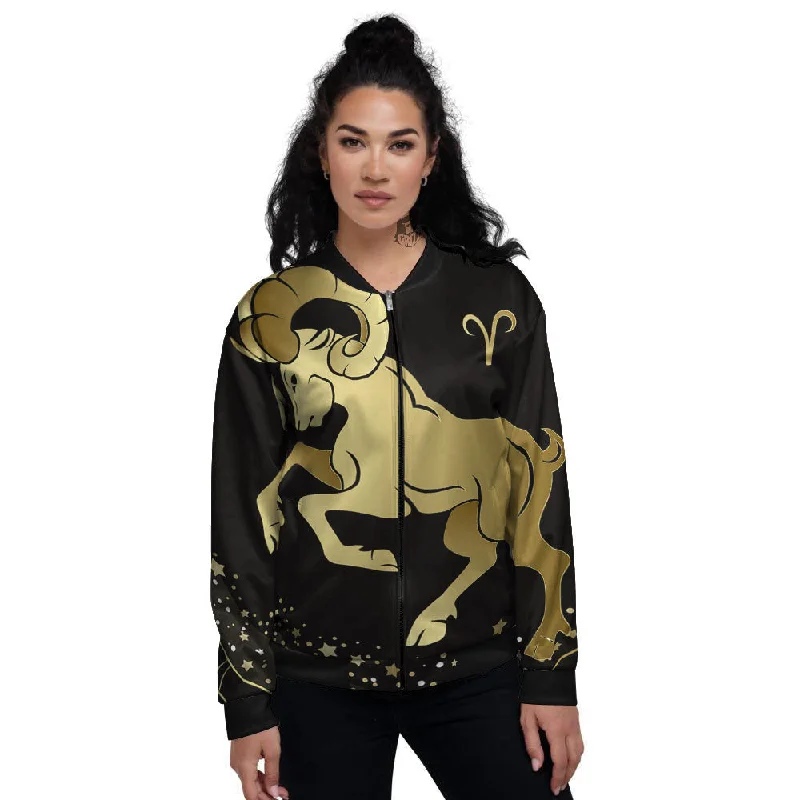 Aries Sign Black And Gold Print Women's Bomber Jacket