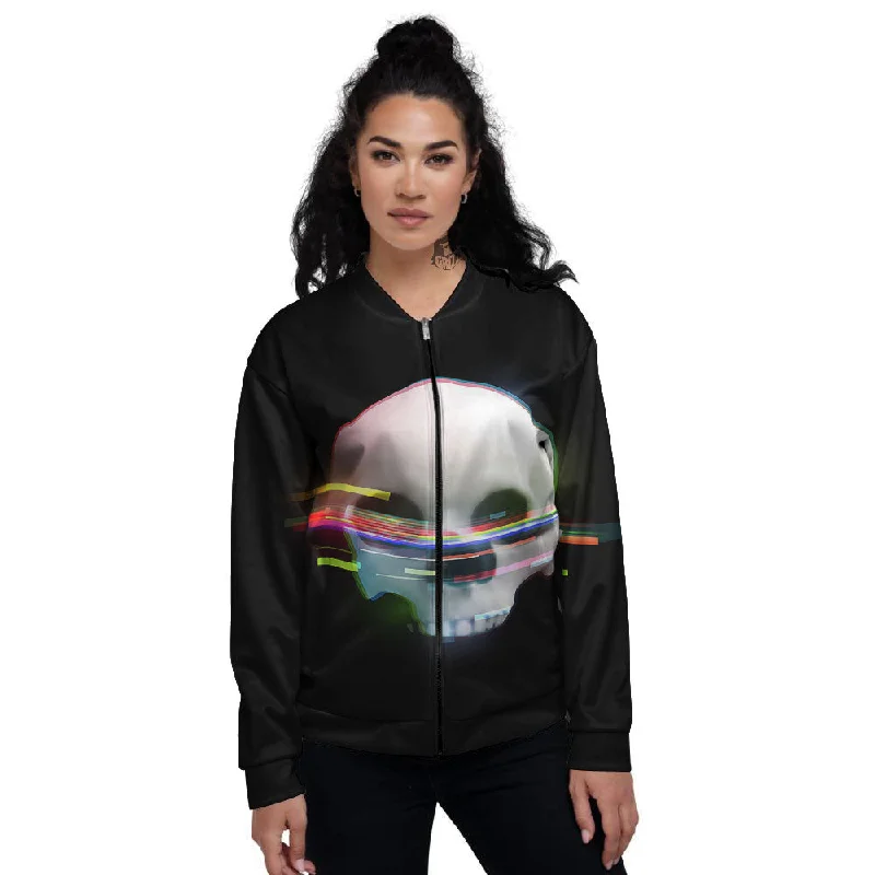 Astronaut Skull Digital Glitch Print Women's Bomber Jacket