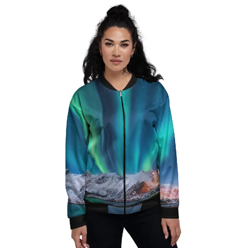 Aurora Green Northern Lights Print Women's Bomber Jacket