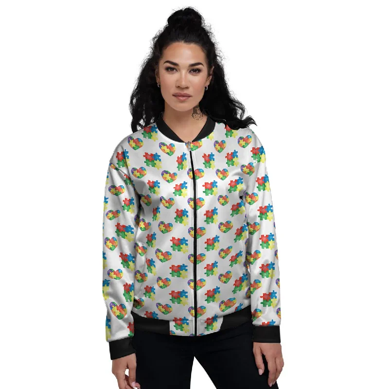 Autism Awareness Heart Print Pattern Women's Bomber Jacket