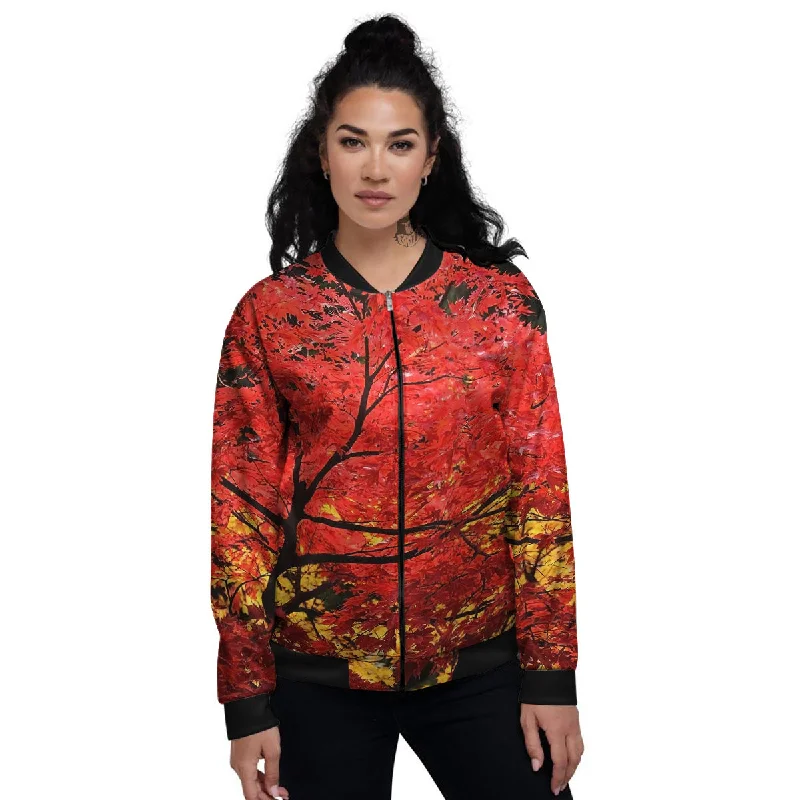 Autumn Trees Red Print Women's Bomber Jacket