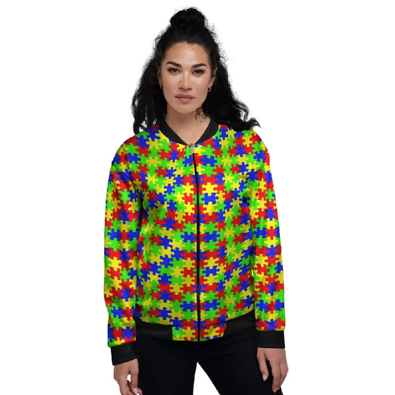 Awareness Jigsaw Colorful Autism Print Women's Bomber Jacket