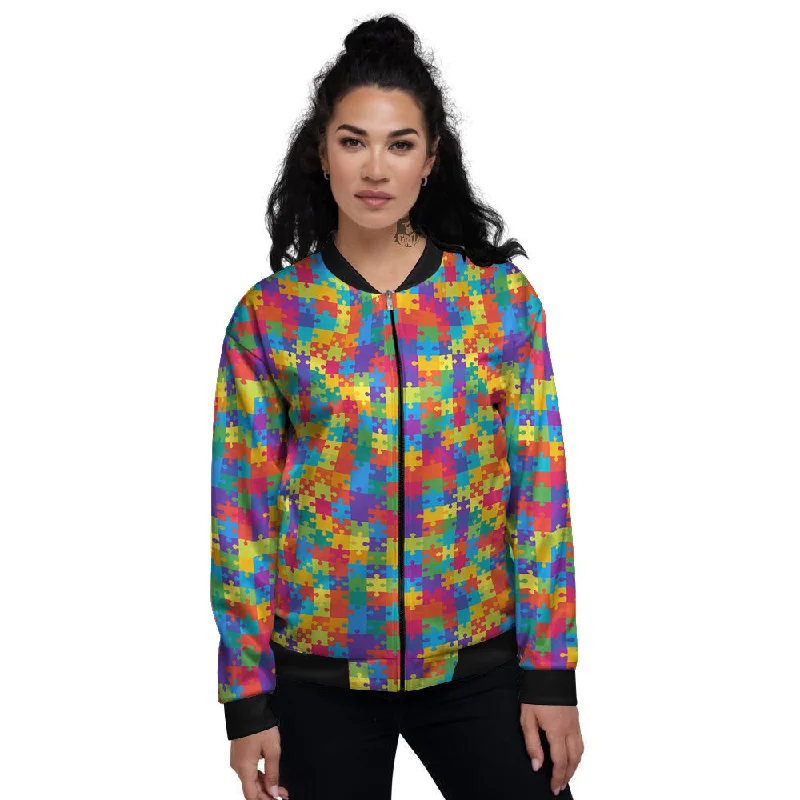 Awareness Puzzle Colorful Autism Print Women's Bomber Jacket