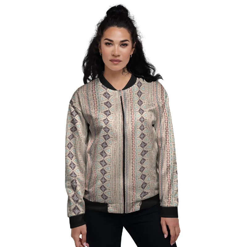 Aztec Beige Print Pattern Women's Bomber Jacket