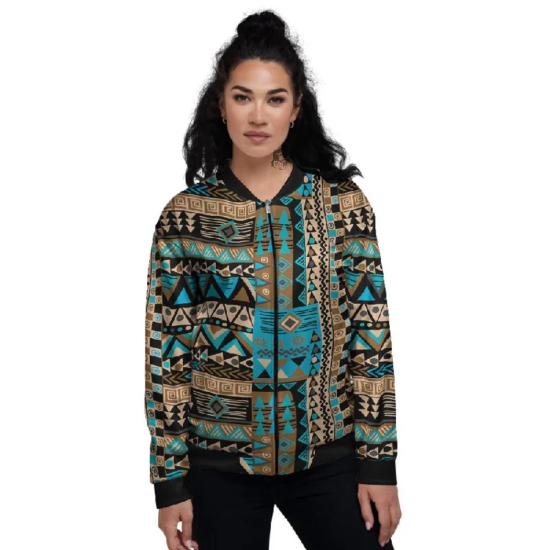 Aztec Brown And Teal Print Pattern Women's Bomber Jacket