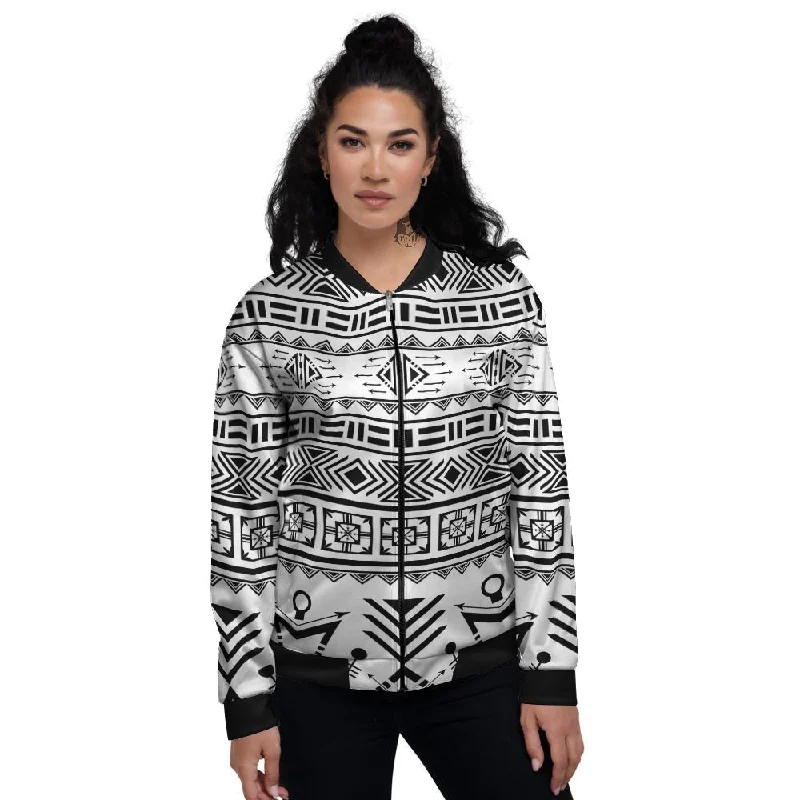 Aztec Grey And White Print Pattern Women's Bomber Jacket