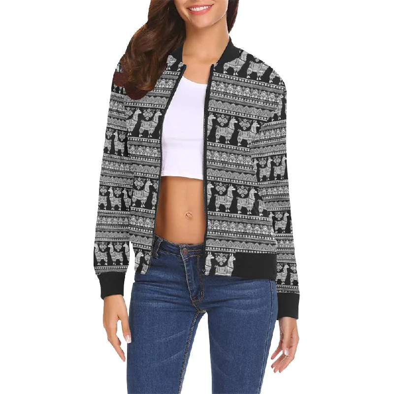 Aztec Llama Pattern Print Women Casual Bomber Jacket