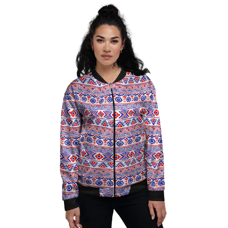 Aztec Red And Blue Print Pattern Women's Bomber Jacket