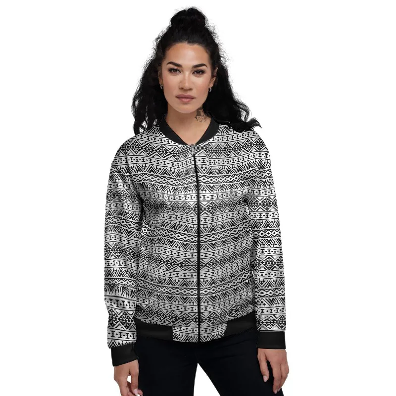 Aztec Texture White And Black Print Pattern Women's Bomber Jacket