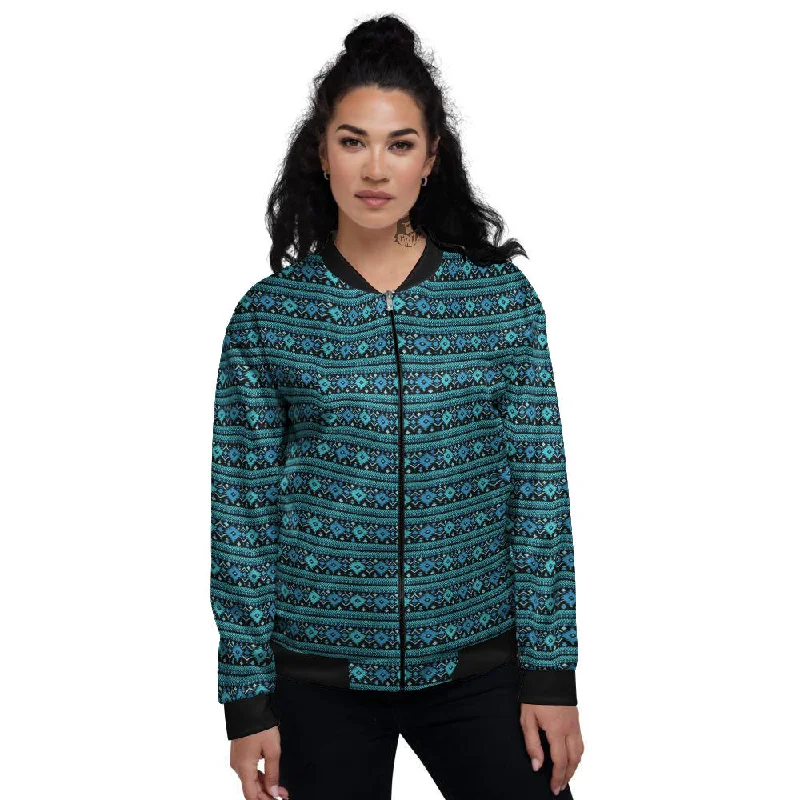 Aztec Tribal Blue Native Print Pattern Women's Bomber Jacket