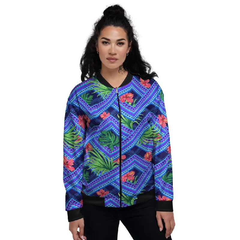 Aztec Tropical Hibiscus Flower Print Pattern Women's Bomber Jacket