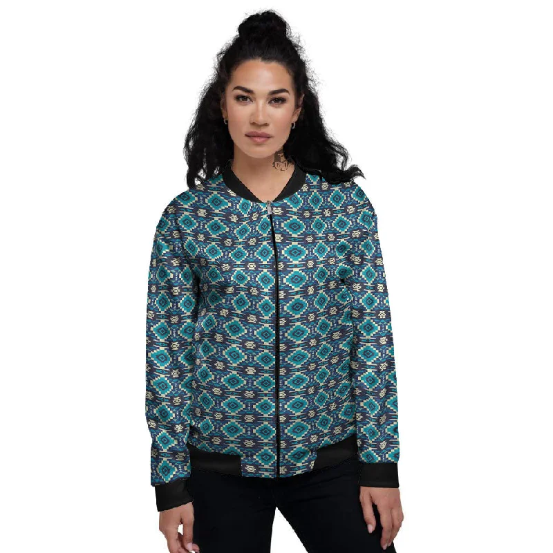 Aztec Turquoise And Blue Print Pattern Women's Bomber Jacket