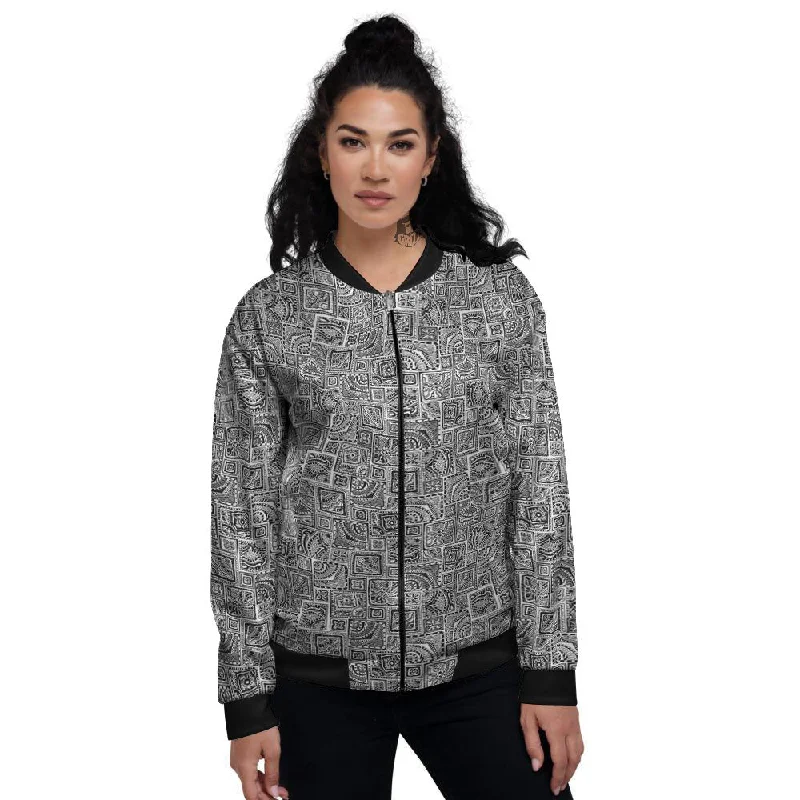 Aztec White And Grey Print Pattern Women's Bomber Jacket