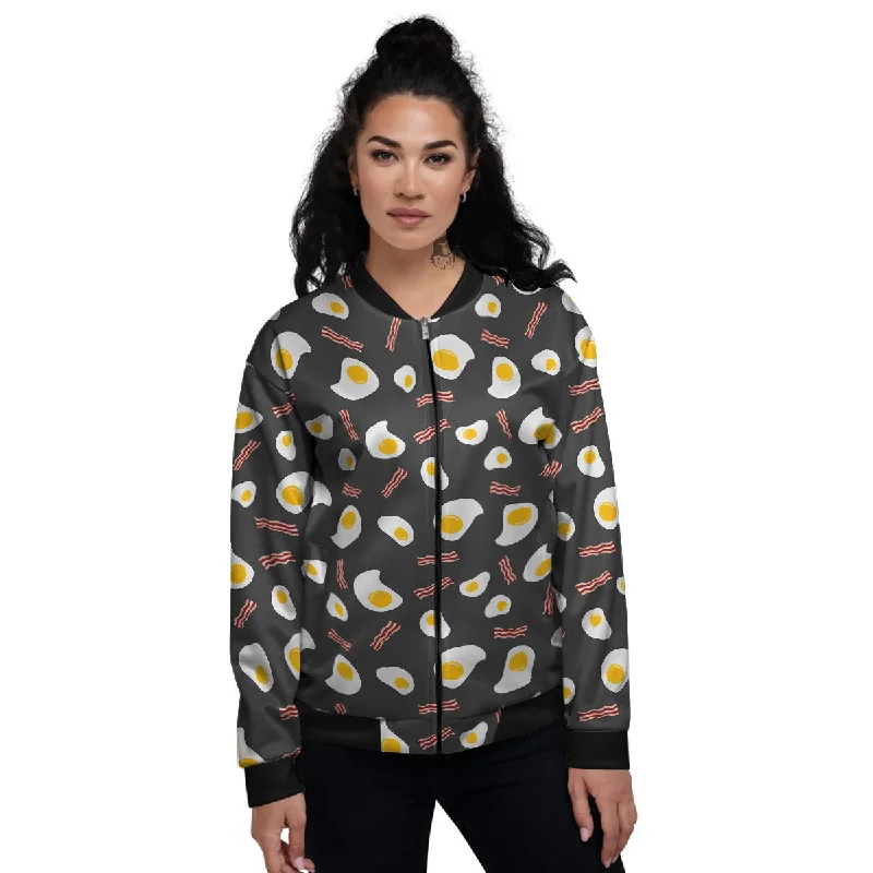 Bacon And Black Fried Egg Print Pattern Women's Bomber Jacket